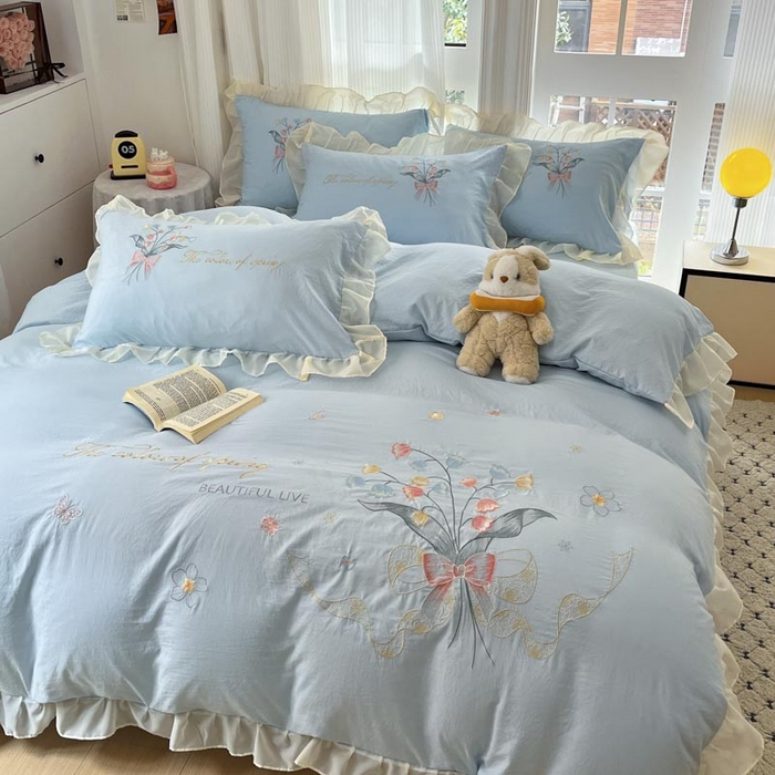 91家纺网 家纺一手货源 找家纺 ab家纺 2025新款水洗棉绣花四件套-铃兰语 铃兰语  天空蓝