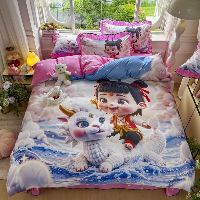 91家纺网 家纺一手货源 找家纺 馨语家居 2025新款A类全棉3D大版印花四件套 彩虹哪吒