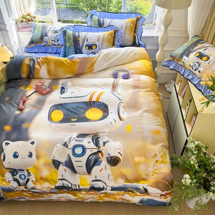 91家纺网 家纺一手货源 找家纺 馨语家居 2025新款A类全棉3D大版印花四件套 未来萌宠