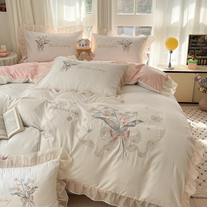 91家纺网 家纺一手货源 找家纺 ab家纺 2025新款水洗棉绣花四件套-铃兰语 铃兰语  白粉