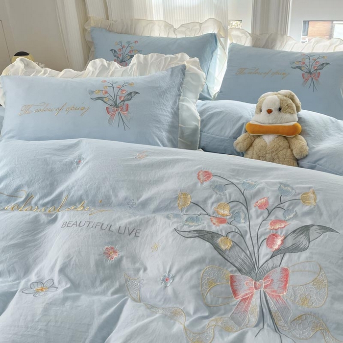 91家纺网 家纺一手货源 找家纺 ab家纺 2025新款水洗棉绣花四件套-铃兰语 铃兰语  天空蓝