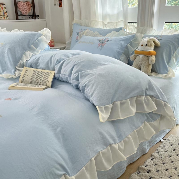 91家纺网 家纺一手货源 找家纺 ab家纺 2025新款水洗棉绣花四件套-铃兰语 铃兰语  天空蓝