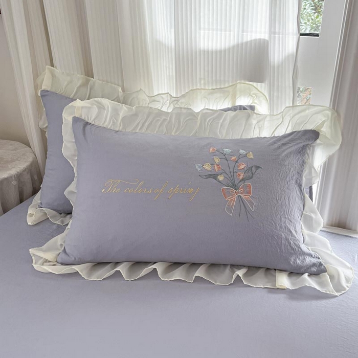 91家纺网 家纺一手货源 找家纺 ab家纺 2025新款水洗棉绣花四件套-铃兰语 铃兰语 浅紫灰