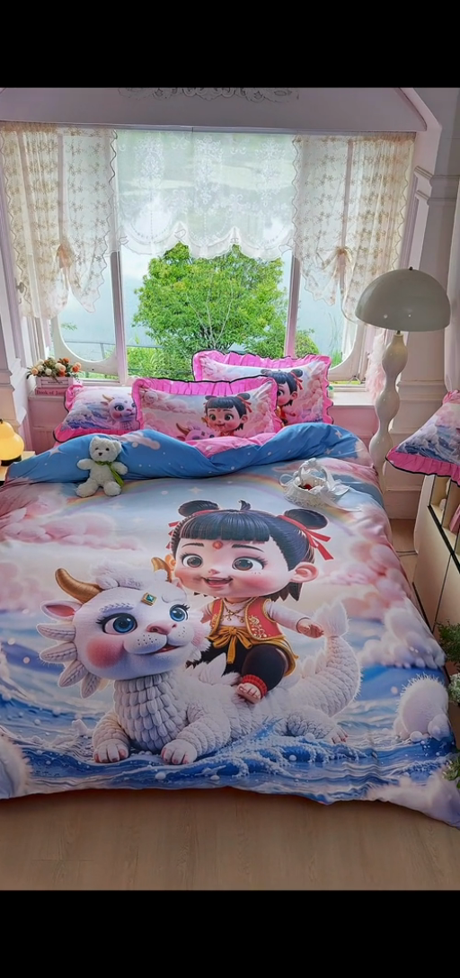 91家纺网 家纺一手货源 找家纺 馨语家居 2025新款A类全棉3D大版印花四件套 彩虹哪吒