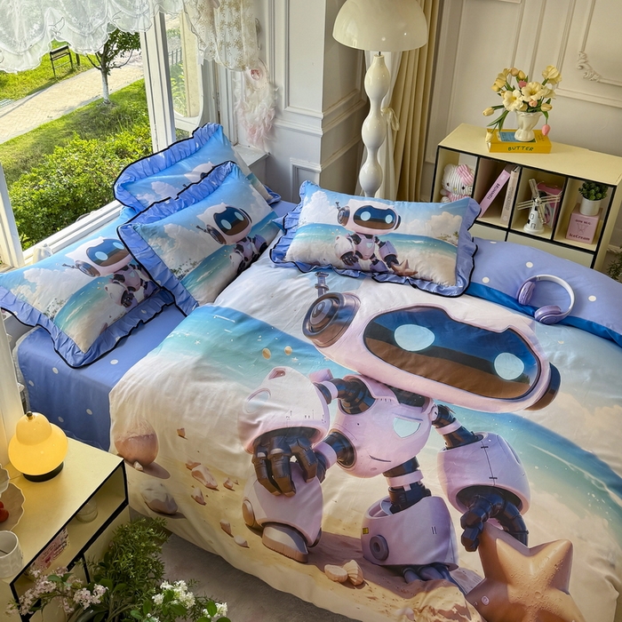 91家纺网 家纺一手货源 找家纺 馨语家居 2025新款A类全棉3D大版印花四件套 海洋机器人