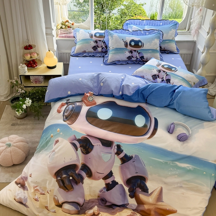 91家纺网 家纺一手货源 找家纺 馨语家居 2025新款A类全棉3D大版印花四件套 海洋机器人