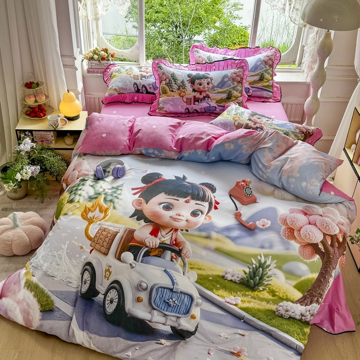 91家纺网 家纺一手货源 找家纺 馨语家居 2025新款A类全棉3D大版印花四件套 郊游哪吒