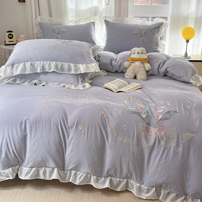 91家纺网 家纺一手货源 找家纺 ab家纺 2025新款水洗棉绣花四件套-铃兰语 铃兰语 浅紫灰