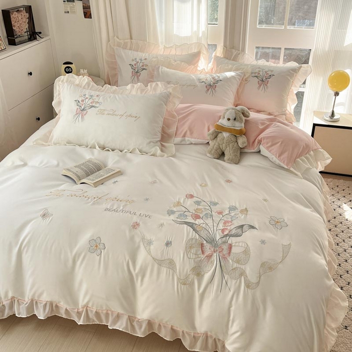 91家纺网 家纺一手货源 找家纺 （总）ab家纺 2025新款水洗棉绣花四件套-铃兰语