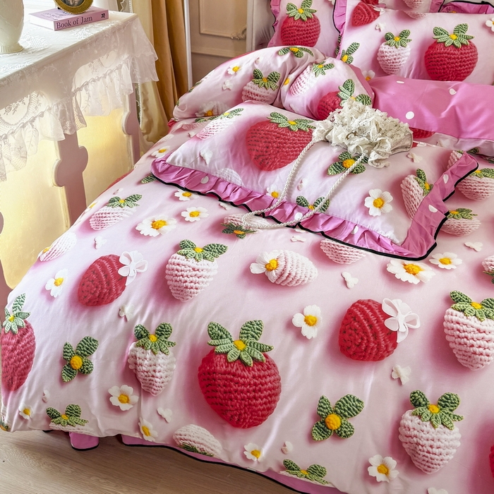 91家纺网 家纺一手货源 找家纺 馨语家居 2025新款A类全棉3D大版印花四件套 幸运草莓