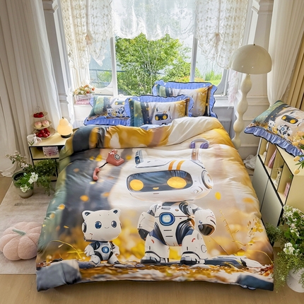 91家纺网 家纺一手货源 找家纺 馨语家居 2025新款A类全棉3D大版印花四件套 未来萌宠