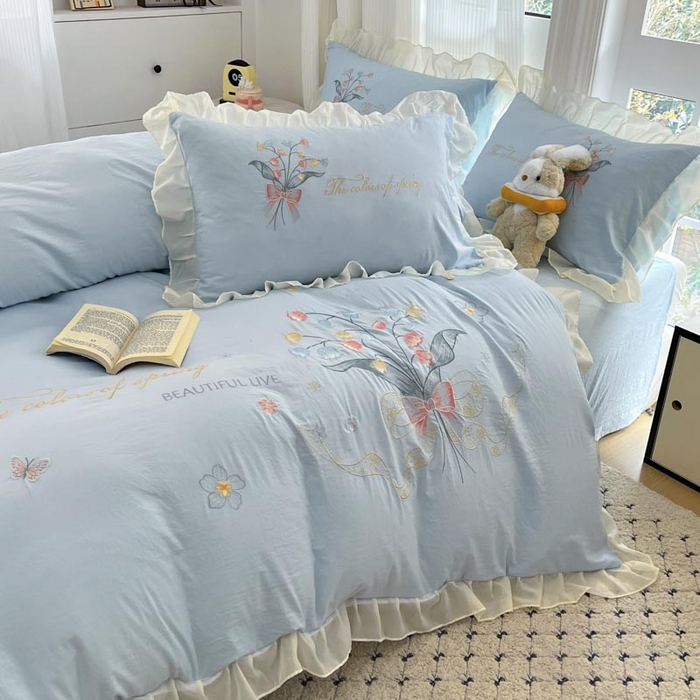 91家纺网 家纺一手货源 找家纺 ab家纺 2025新款水洗棉绣花四件套-铃兰语 铃兰语  天空蓝