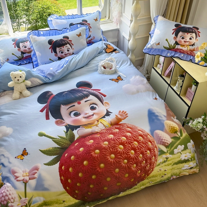 91家纺网 家纺一手货源 找家纺 馨语家居 2025新款A类全棉3D大版印花四件套 草莓哪吒