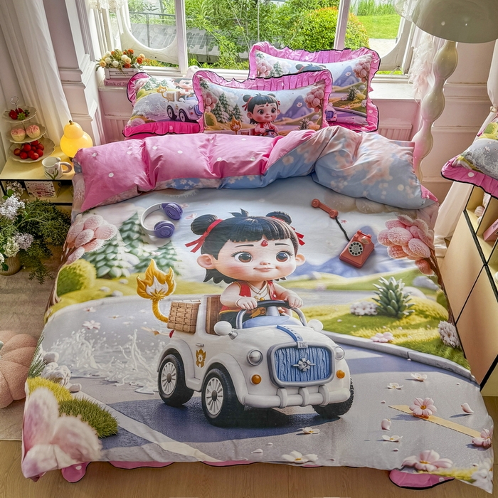 91家纺网 家纺一手货源 找家纺 馨语家居 2025新款A类全棉3D大版印花四件套 郊游哪吒