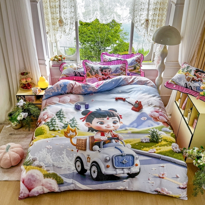 91家纺网 家纺一手货源 找家纺 馨语家居 2025新款A类全棉3D大版印花四件套 郊游哪吒