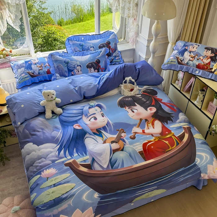 91家纺网 家纺一手货源 找家纺 馨语家居 2025新款A类全棉3D大版印花四件套 漂流哪吒