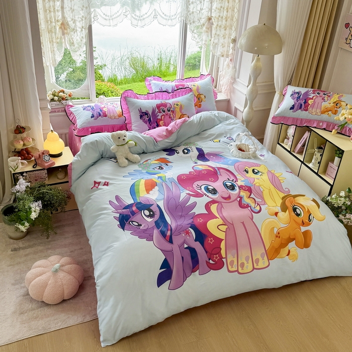 91家纺网 家纺一手货源 找家纺 馨语家居 2025新款A类全棉3D大版印花四件套 小马碧琪