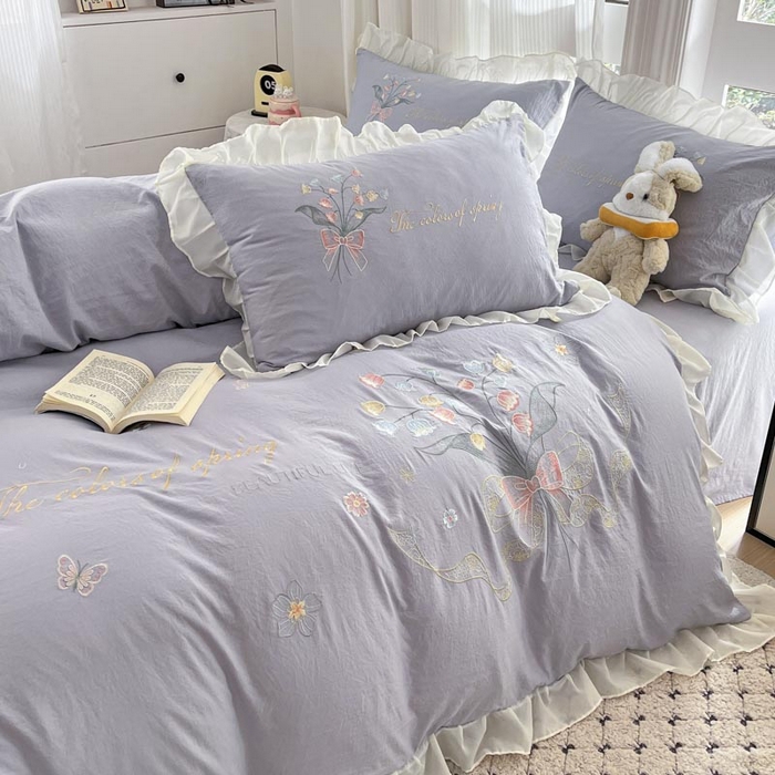 91家纺网 家纺一手货源 找家纺 ab家纺 2025新款水洗棉绣花四件套-铃兰语 铃兰语 浅紫灰