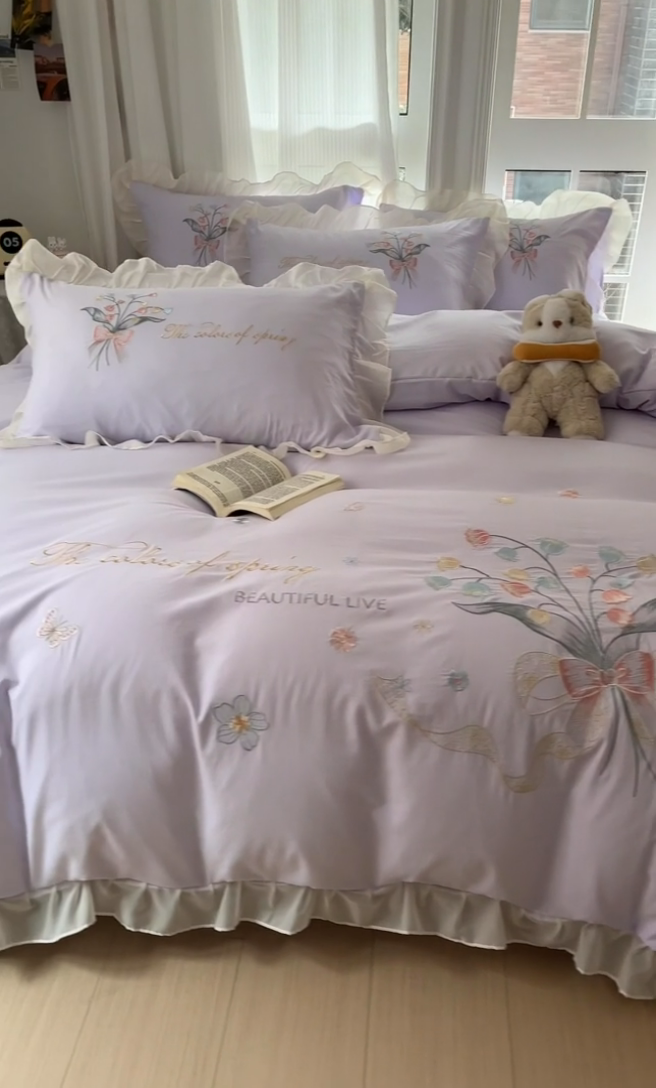 91家纺网 家纺一手货源 找家纺 ab家纺 2025新款水洗棉绣花四件套-铃兰语 铃兰语  香芋紫