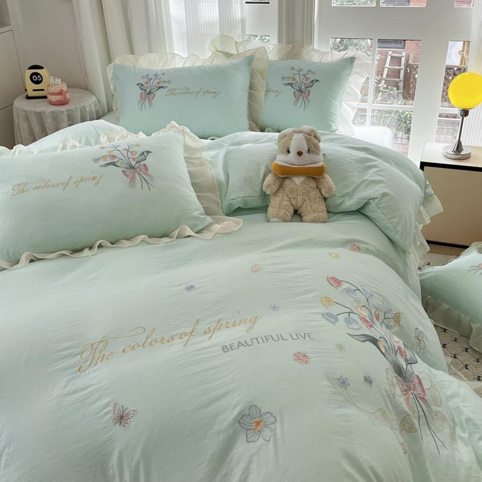 91家纺网 家纺一手货源 找家纺 ab家纺 2025新款水洗棉绣花四件套-铃兰语 铃兰语 水绿