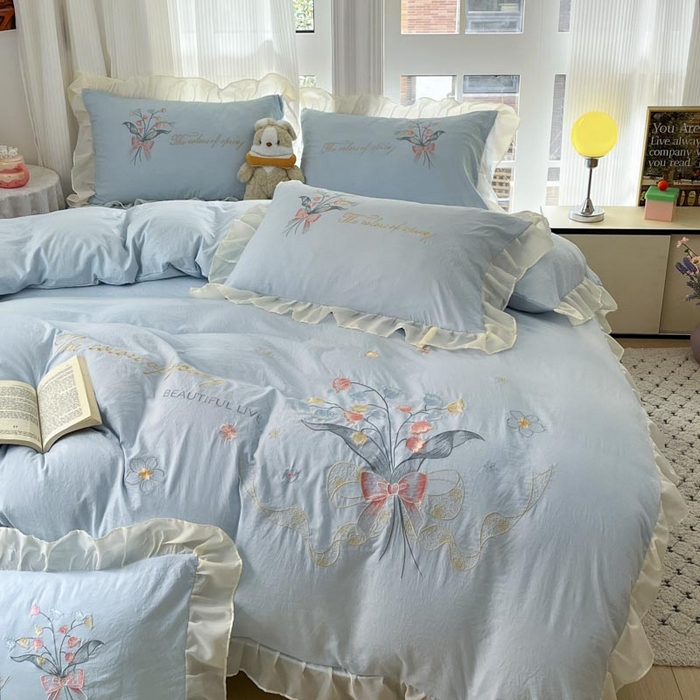 91家纺网 家纺一手货源 找家纺 ab家纺 2025新款水洗棉绣花四件套-铃兰语 铃兰语  天空蓝