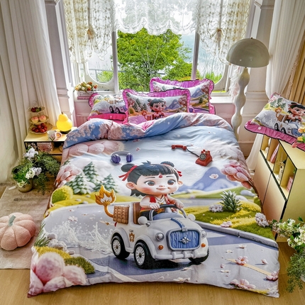 91家纺网 家纺一手货源 找家纺 馨语家居 2025新款A类全棉3D大版印花四件套 郊游哪吒