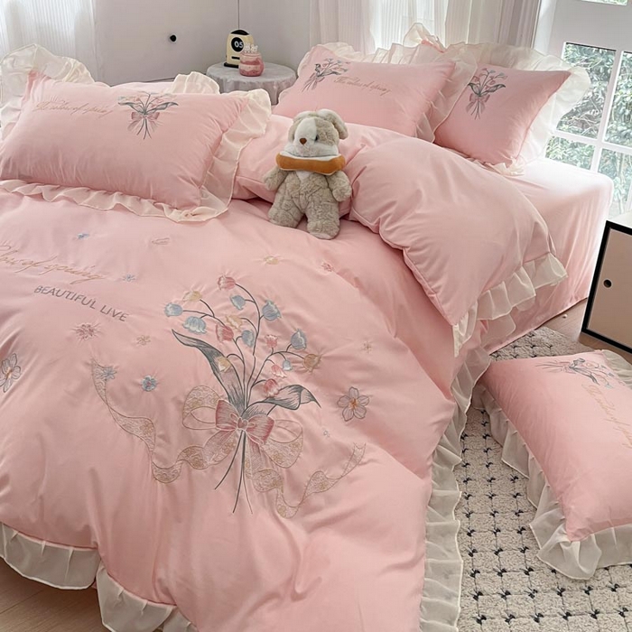 91家纺网 家纺一手货源 找家纺 ab家纺 2025新款水洗棉绣花四件套-铃兰语 铃兰语 微微粉