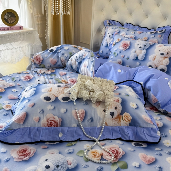 91家纺网 家纺一手货源 找家纺 馨语家居 2025新款A类全棉3D大版印花四件套 针织小熊