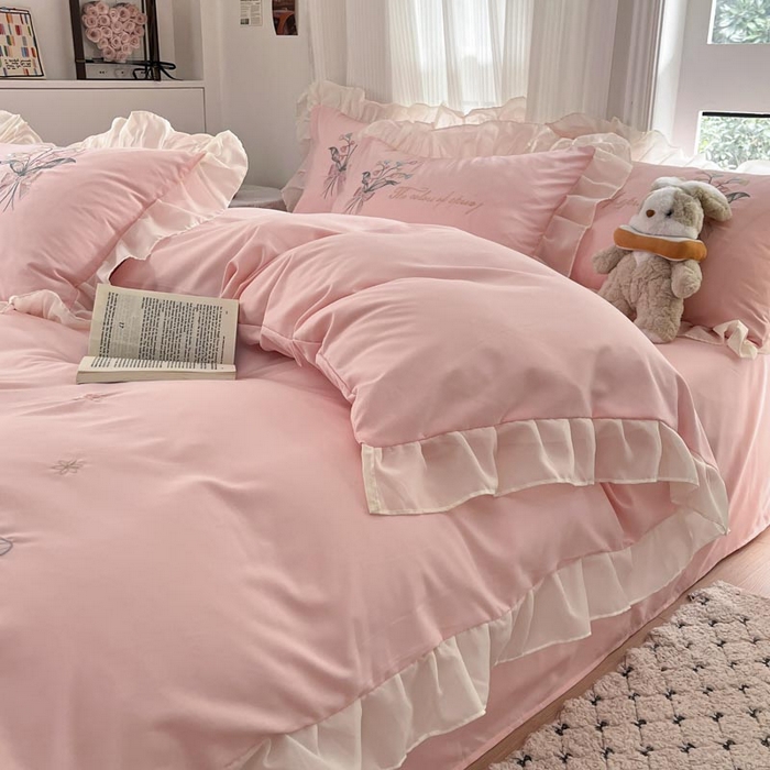 91家纺网 家纺一手货源 找家纺 ab家纺 2025新款水洗棉绣花四件套-铃兰语 铃兰语 微微粉