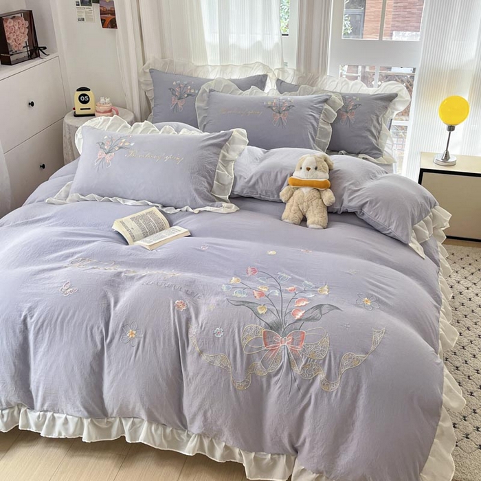 91家纺网 家纺一手货源 找家纺 ab家纺 2025新款水洗棉绣花四件套-铃兰语 铃兰语 浅紫灰