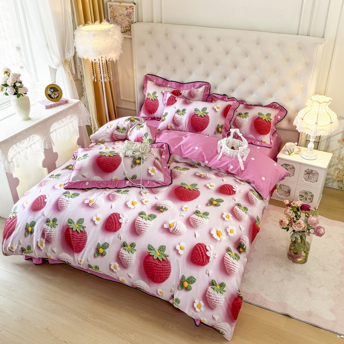 91家纺网 家纺一手货源 找家纺 馨语家居 2025新款A类全棉3D大版印花四件套 幸运草莓