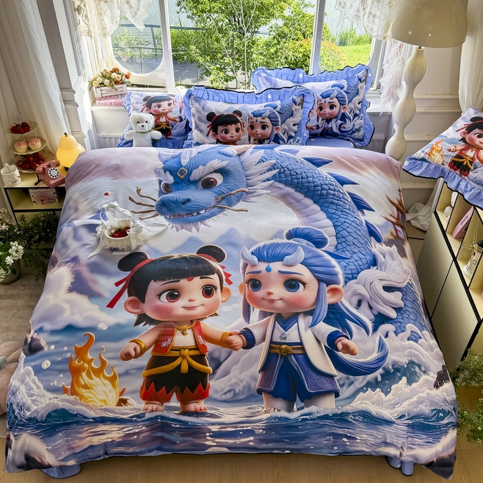 91家纺网 家纺一手货源 找家纺 馨语家居 2025新款A类全棉3D大版印花四件套 神龙哪吒