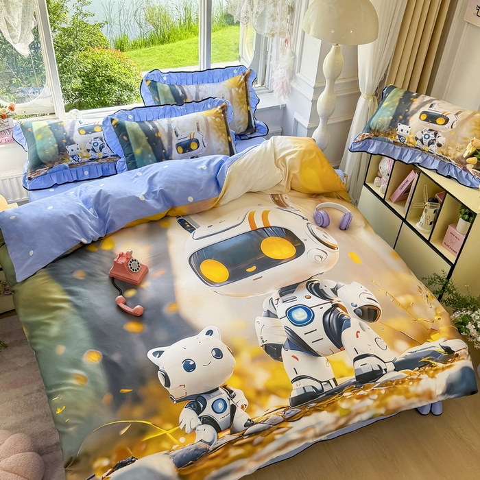 91家纺网 家纺一手货源 找家纺 馨语家居 2025新款A类全棉3D大版印花四件套 未来萌宠