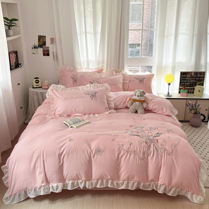ab家纺 2025新款水洗棉绣花四件套-铃兰语 铃兰语 微微粉