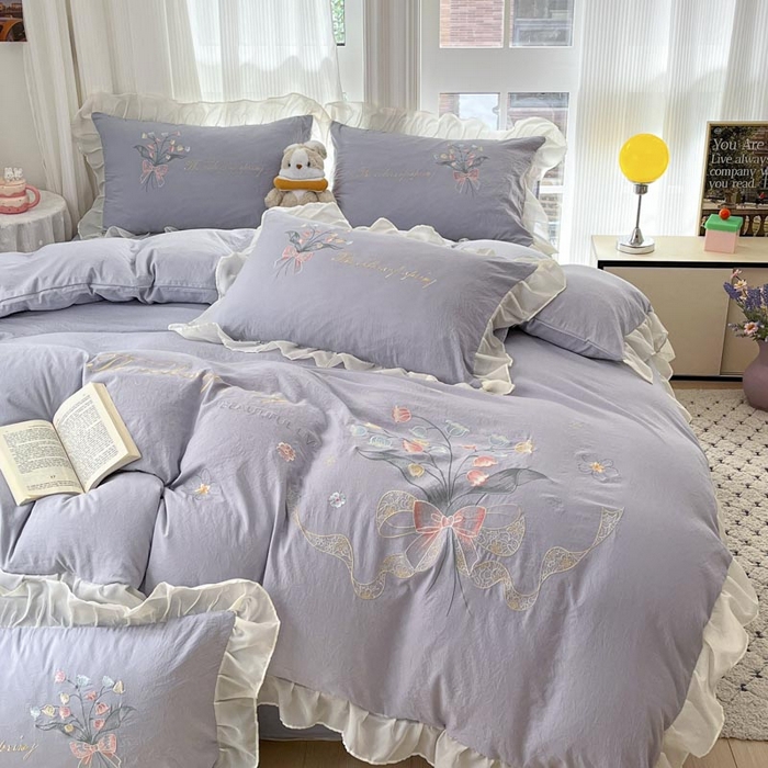 91家纺网 家纺一手货源 找家纺 ab家纺 2025新款水洗棉绣花四件套-铃兰语 铃兰语 浅紫灰