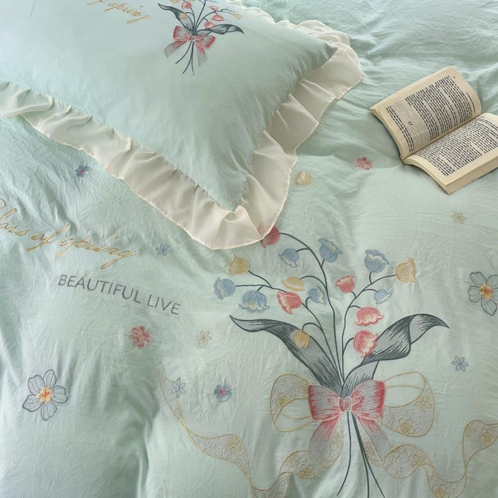 91家纺网 家纺一手货源 找家纺 ab家纺 2025新款水洗棉绣花四件套-铃兰语 铃兰语 水绿