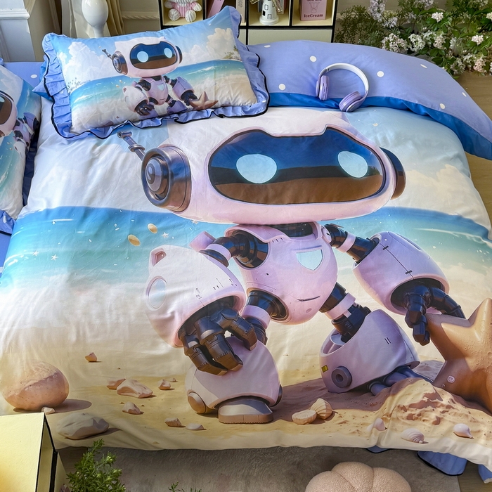 91家纺网 家纺一手货源 找家纺 馨语家居 2025新款A类全棉3D大版印花四件套 海洋机器人