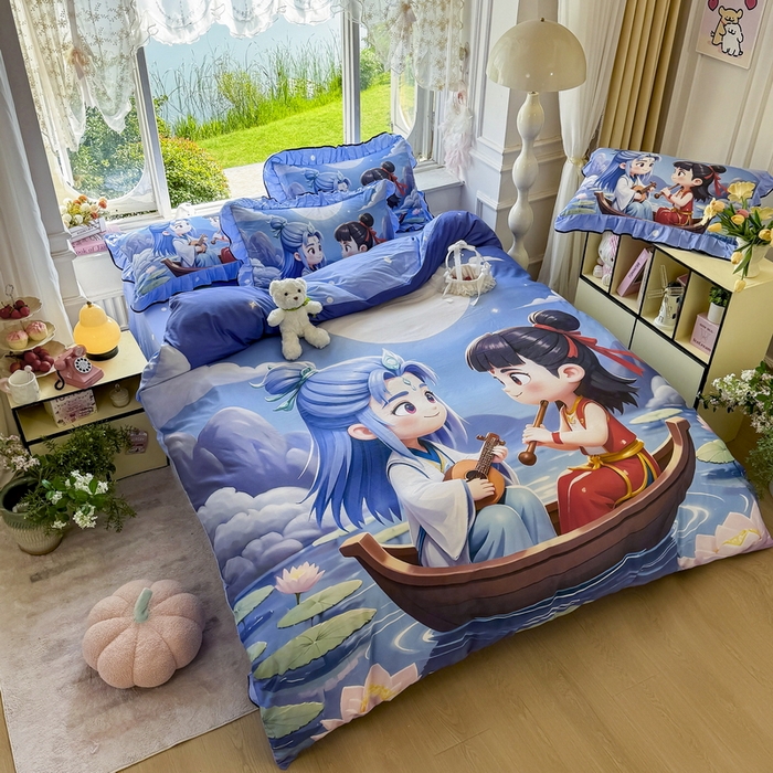 91家纺网 家纺一手货源 找家纺 馨语家居 2025新款A类全棉3D大版印花四件套 漂流哪吒