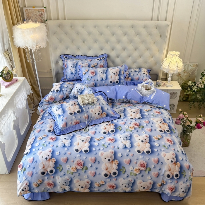 91家纺网 家纺一手货源 找家纺 馨语家居 2025新款A类全棉3D大版印花四件套 针织小熊