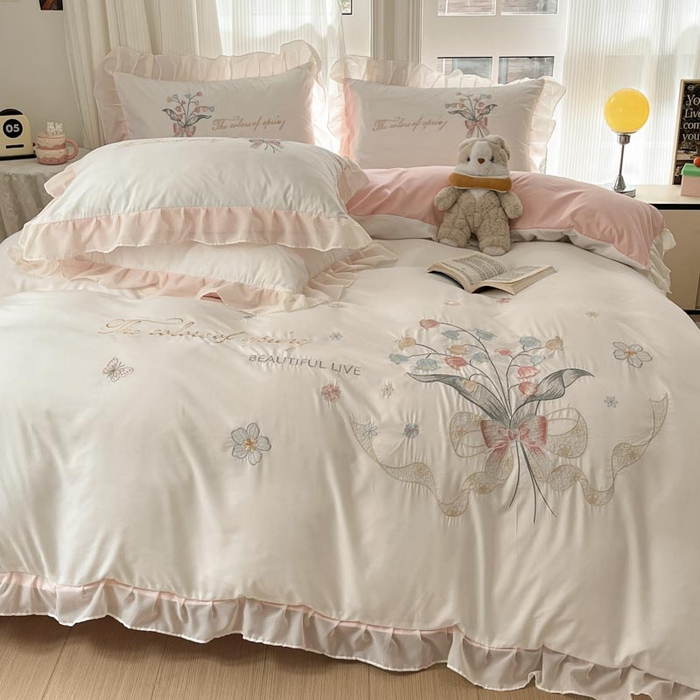 91家纺网 家纺一手货源 找家纺 ab家纺 2025新款水洗棉绣花四件套-铃兰语 铃兰语  白粉