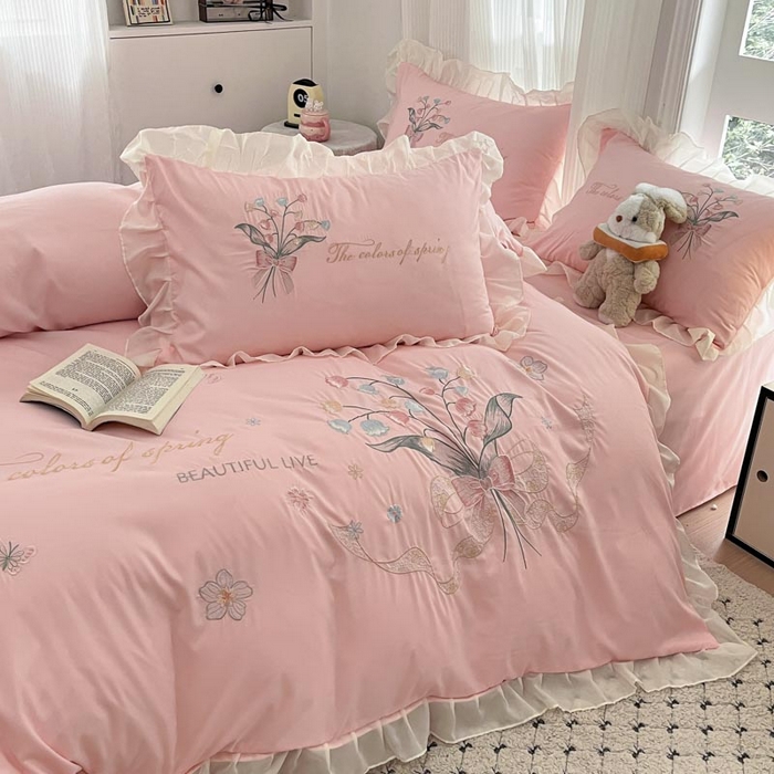 91家纺网 家纺一手货源 找家纺 ab家纺 2025新款水洗棉绣花四件套-铃兰语 铃兰语 微微粉