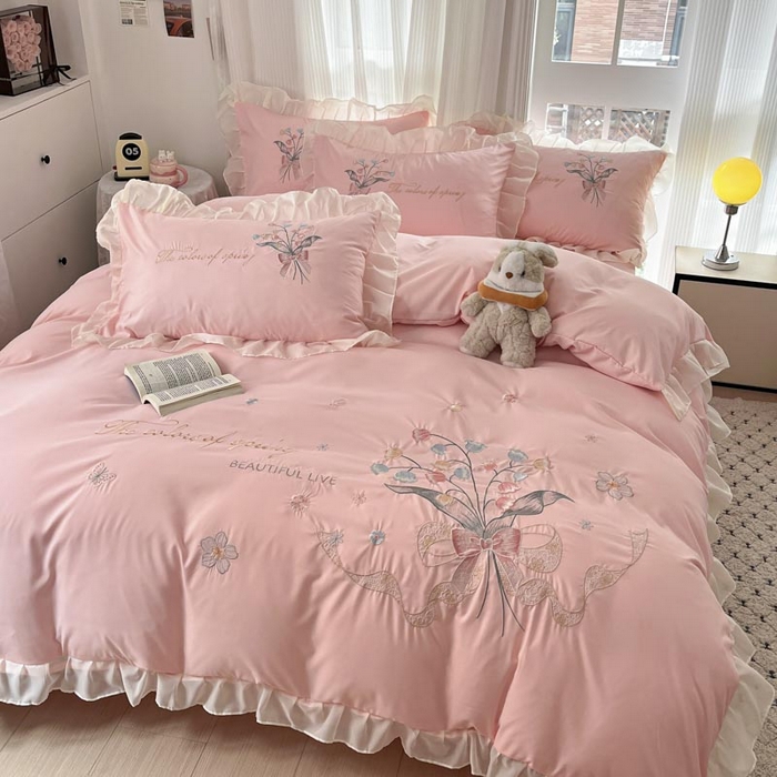 91家纺网 家纺一手货源 找家纺 ab家纺 2025新款水洗棉绣花四件套-铃兰语 铃兰语 微微粉