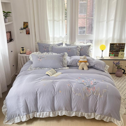 ab家纺 2025新款水洗棉绣花四件套-铃兰语 铃兰语 浅紫灰