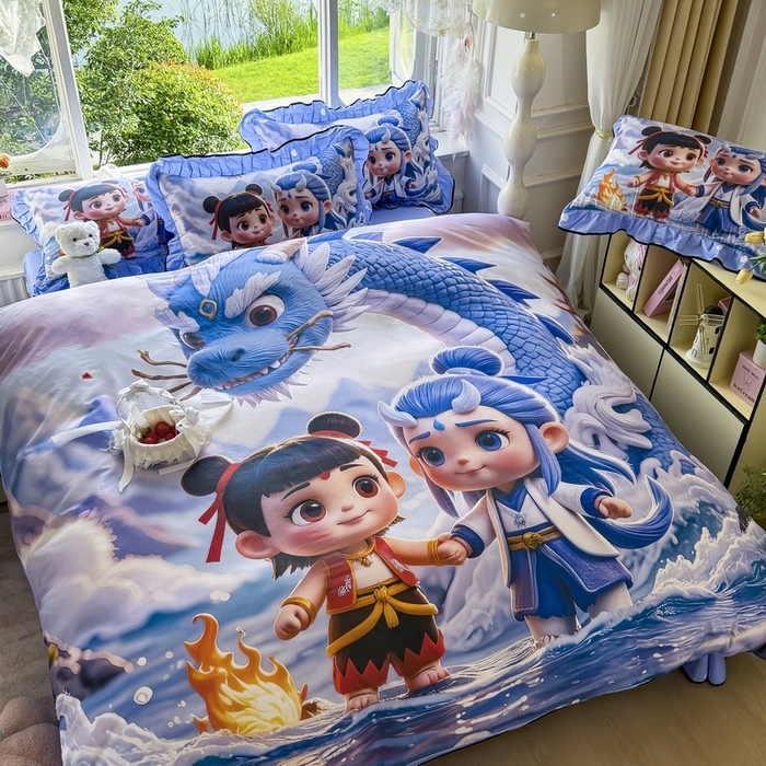 91家纺网 家纺一手货源 找家纺 馨语家居 2025新款A类全棉3D大版印花四件套 神龙哪吒