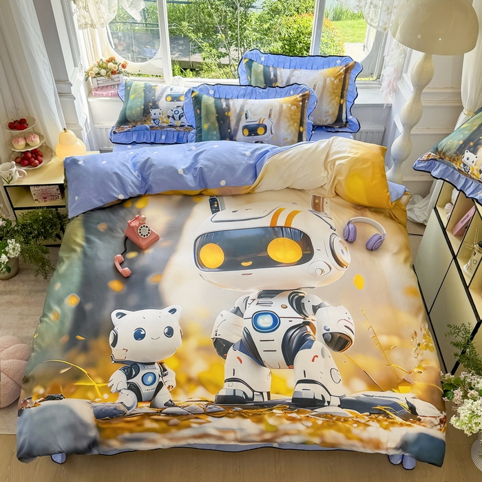 91家纺网 家纺一手货源 找家纺 馨语家居 2025新款A类全棉3D大版印花四件套 未来萌宠