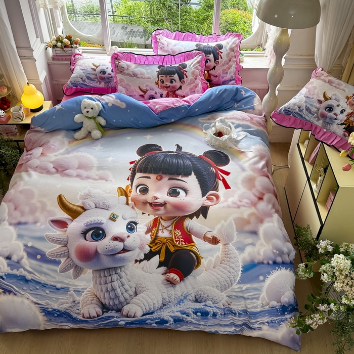 91家纺网 家纺一手货源 找家纺 馨语家居 2025新款A类全棉3D大版印花四件套 彩虹哪吒