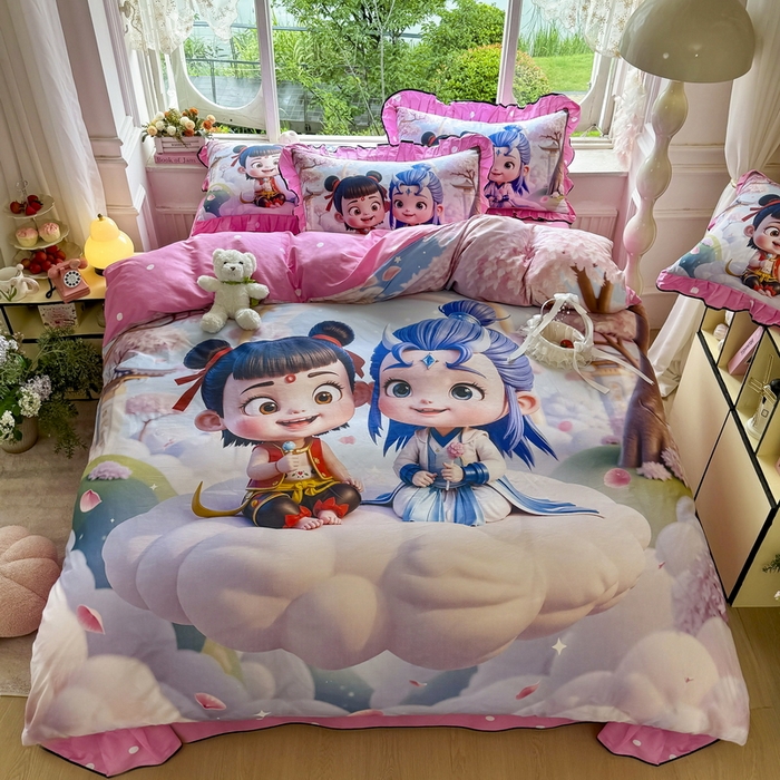 91家纺网 家纺一手货源 找家纺 馨语家居 2025新款A类全棉3D大版印花四件套 腾云哪吒