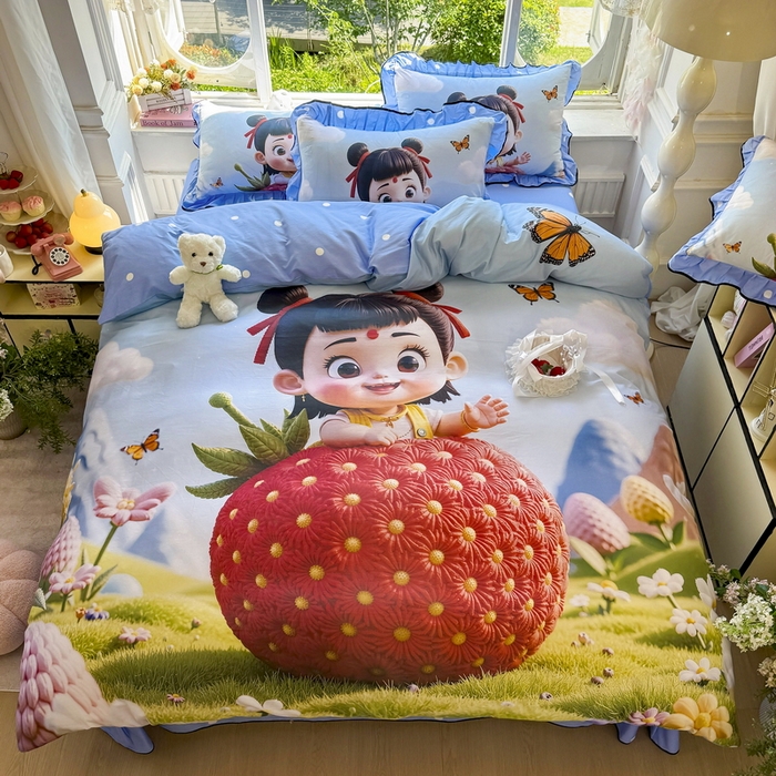 91家纺网 家纺一手货源 找家纺 馨语家居 2025新款A类全棉3D大版印花四件套 草莓哪吒