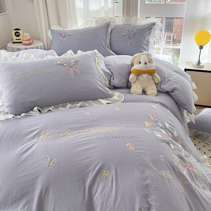 91家纺网 家纺一手货源 找家纺 ab家纺 2025新款水洗棉绣花四件套-铃兰语 铃兰语 浅紫灰