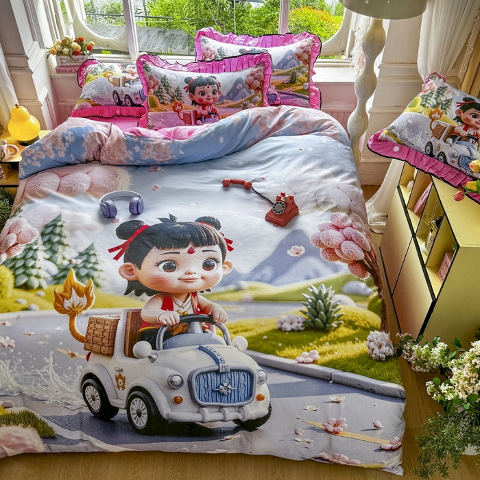 91家纺网 家纺一手货源 找家纺 馨语家居 2025新款A类全棉3D大版印花四件套 郊游哪吒